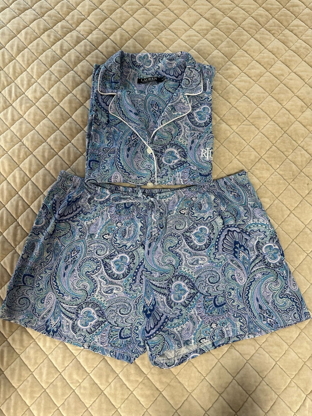 Lauren Ralph Lauren 2PC Blue Paisley Notched Collar Pajama Shorts Set Women’s XL